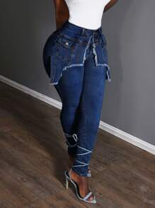 Slaydiva Women's Distressed Detail Skinny Fashion Jeans - Dark Wash - View 4