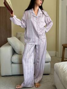 DAZY Striped Print Satin Shiny Loose Pajamas Set - Pink - View 1
