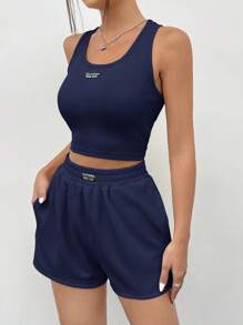 SHEIN EZwear 海军蓝针织无袖背心套装（女款，夏季） - 藏蓝色 - 查看 3