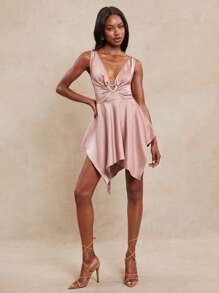 NYA SZN Dusty Rose,Summer,70s,Party Low Cut Sleeveless Handkerchief Hem Fairycore Sundress,Satin Prom Formal Wedding Guest Bridal Bridesmaid Festival Outfits - Pink - View 5