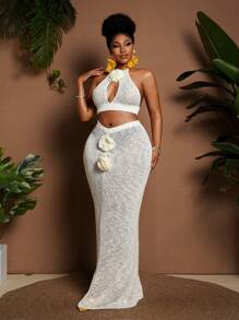 Maweii Plus Size Women's Sweater Set Halter Vest Flower + Hand Hook Flower Dress Sexy Suit Birthday Dresses For Women Vacation Outfits Woman Summer Outfits For Women Beach Outfits For Woman Maxi Skirt - White - View 4