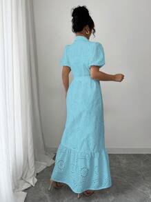 Chiquease French Elegant Commuting Solid Color Lapel Single-Breasted Hollow Floral Print Lantern Sleeve Belted Women Dress - Blue - View 2