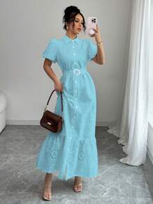 Chiquease French Elegant Commuting Solid Color Lapel Single-Breasted Hollow Floral Print Lantern Sleeve Belted Women Dress - Blue - View 3