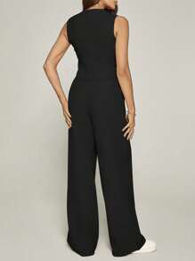 SHEIN Tall Women's Summer Casual Solid Color Tank Top And Pants Set - Black - View 6