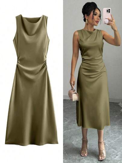 女士优雅长腰褶皱设计连衣裙