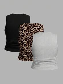 SHEIN EZwear 3pcs Set Women Casual Solid Black And Leopard Print Top Tank Tops, Suitable For Summer Back To School - Multicolor - View 2