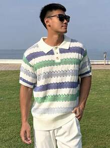 DAZY Men's Three-Quarter Button Up Striped Knit Summer Vacation Beach Blouse - Multicolor - View 1