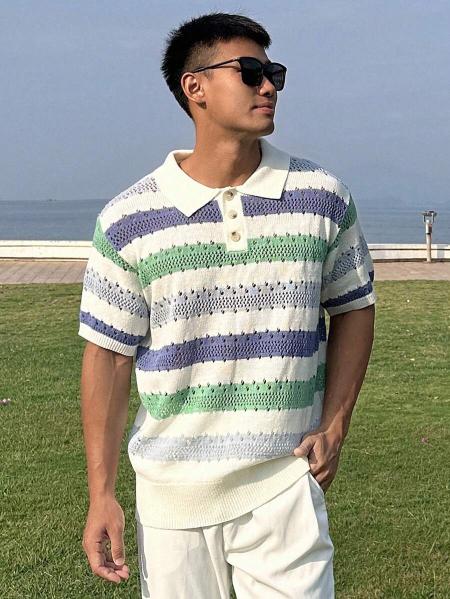 DAZY Men's Three-Quarter Button Up Striped Knit Summer Vacation Beach Blouse - Multicolor - View 1