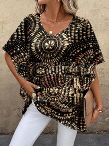 EMERY ROSE Women's Casual Minimalist Spliced V-Neck Loose Shirt, Suitable For Summer Suitable For Going Out - Multicolor - View 4