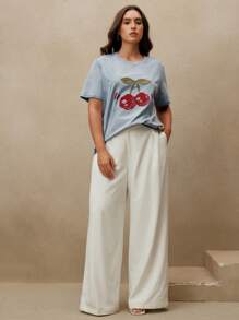 Anewsta 大码女式樱桃图案圆领短袖休闲T恤，夏季