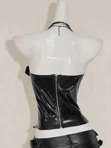 SHEIN ICON Y2K 女式乡村音乐会嬉皮黑色哥特风 PU 镂空系带露脐胸衣上衣，时尚 - 黑色 - 查看 2