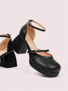 CUCCOO DOLLMOD 圆头玛丽珍鞋，新款法式系带搭扣镂空高跟厚底粗跟女鞋 - 黑色 - 查看 6