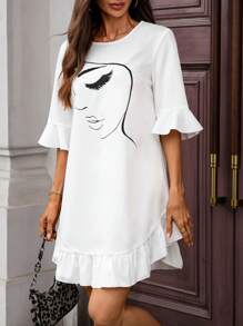 SHEIN LUNE Abstract Figure Print Round Neck Asymmetrical Hem Short Sleeve Dress - White - View 6