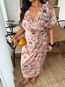 SHEIN LUNE Random Print Wrap Tie Surplice Short Sleeve Plus Size Dress - Multicolor - View 3