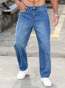 Manfinity Homme Men's Summer Daily Casual Pocket Washed S Baggy Jeans With Design - Blue - View 3