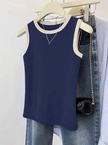 INAWLY 女士夏季休闲简约撞色边无袖上衣 - 藏蓝色 - 查看 4