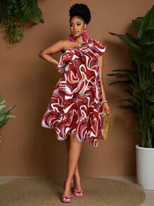 Maweii Plus Size Women Striped Print Ruffle Trim Asymmetrical Shoulder Sleeveless A-Line Dress - Multicolor - View 5