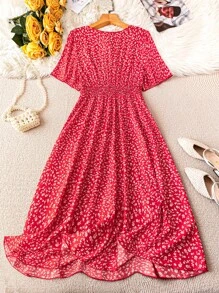 SHEIN Clasi Vestido rojo de manga corta con estampado floral pequeño en línea A con cinturón para mujer de talla grande, para verano - Multicolor - Ver 2