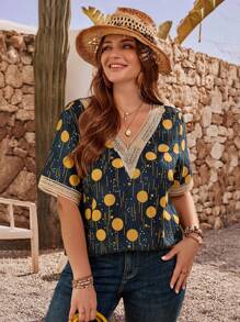 EMERY ROSE 大码几何印花短袖衬衫 夏季度假 适度 - 黑色 - 查看 3