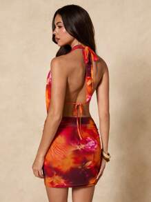SHEIN BAE Summer Women's Halter Backless Sexy Tiger Lily Floral Print Mini Dress, Suitable For Party, Vacation, Event, Night Out, Romantic Date - Multicolor - View 2