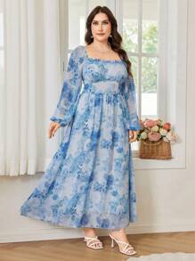 Modelyn Elegant Floral Print Off Shoulder Long Sleeve Cinched Waist A-Line Plus Size Dress, Spring/Summer - Multicolor - View 7