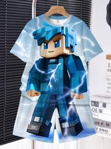 SHEIN 2 件儿童 MC 蓝色闪电图案休闲圆领短袖 T 恤和短裤套装，夏季 - 彩色 - 查看 2