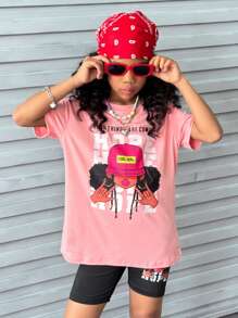 2pcs Set Tween Girl Letter Graphic Tee & Bike Shorts, Fashionable & Cool - Multicolor - View 3