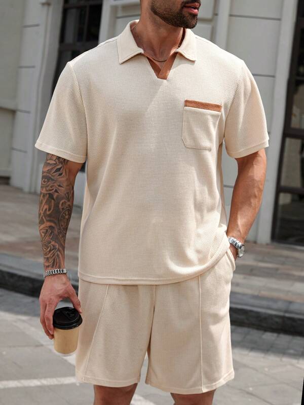 Manfinity CasualCool Plus Size Men Short Sleeve Polo Shirt With Pocket And Shorts Set