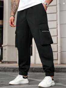 Manfinity Homme Calça cargo casual masculina plus size, cor sólida, com zíper e aba, bolso - Preto - Ver 8