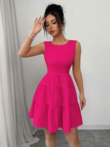 Elenzga Women Plain Round Neck Sleeveless Backside Bow Design Short Dress