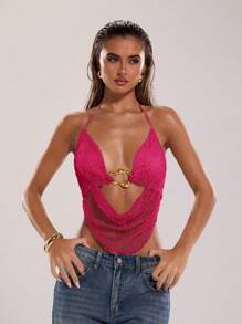 SHEIN BAE 女士夏季性感波西米亚海滩度假演唱会女士露背领带金属装饰钩针夏季上衣，夏季，俱乐部性感上衣 - 玫紅色 - 查看 5