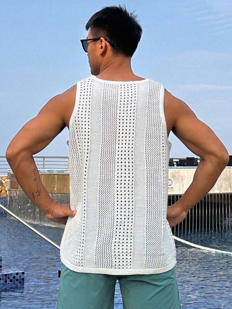 Men's Solid White With Striped Hollow-Out Knit White Tank Top, Summer