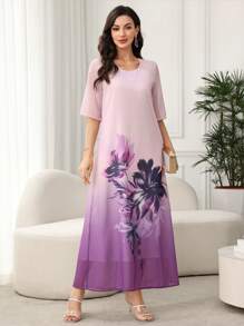 Lacomfia 女式圆领宽松花卉印花阿拉伯风格连衣裙