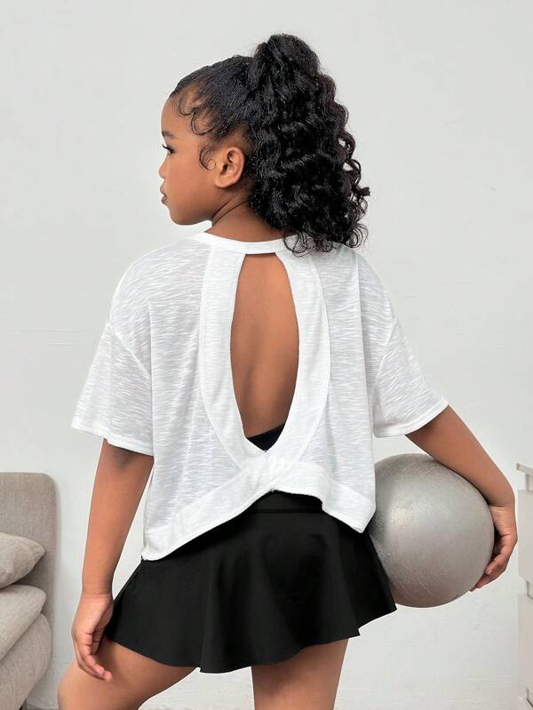 SHEIN Tween Girls Casual Sports Criss-Cross Hollow Oversized Loose Round Neck Short Sleeve T-Shirt