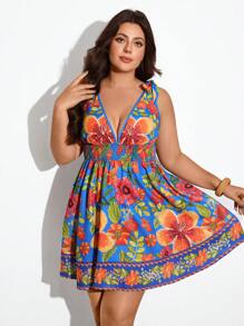 Maija Vestido corto de verano para mujer de tallas grandes, con estampado floral sobre fondo azul, escote en V, tirantes y nudo.