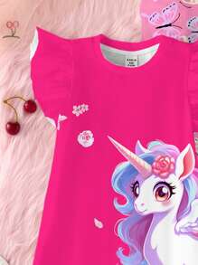 Baby Girls Pink Unicorn & Butterfly Cartoon Print Dress Home Clothes With Flutter Sleeves, Multi-Piece Set, Summer - Multicolor - View 4