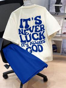 SHEIN 2 件套青少年男童休闲短袖短裤套装，街头朋克摇滚学院风，适合日常、派对、音乐节、春夏季、青少年服装，绿色和卡其色，图案印花 - 寶藍色 - 查看 1