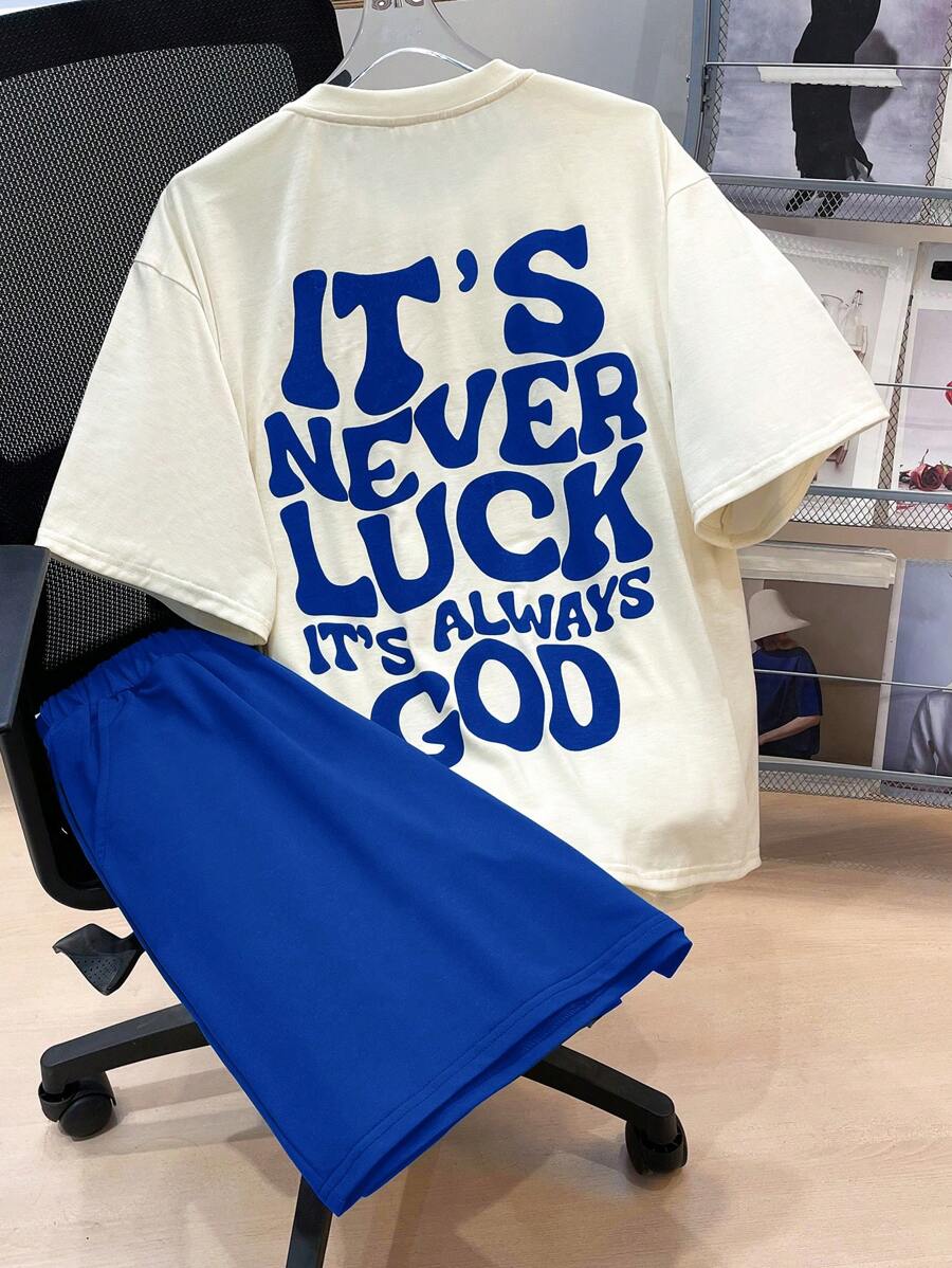 SHEIN 2 件套青少年男童休闲短袖短裤套装，街头朋克摇滚学院风，适合日常、派对、音乐节、春夏季、青少年服装，绿色和卡其色，图案印花 - 寶藍色 - 查看 1