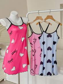 SweetSlumber 3pcs/Set Heart Print Camisole Nightgown Set, Fashionable For Summer Pink Pajamas  Cozy And Elegant Details - Multicolor - View 4