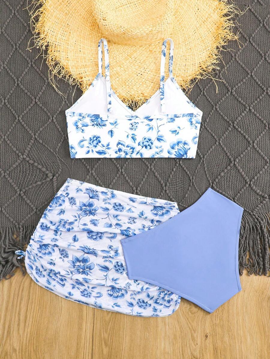 Set de 3 piezas de bikini con estampado floral y falda, traje de baño de verano - Multicolor - Ver 1