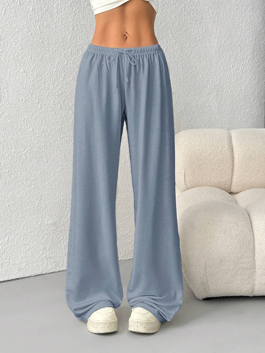 SHEIN EZwear 女款純色腰部綁帶寬腿寬鬆休閒運動長褲 - 霧霾藍 - 查看 1