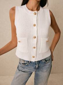 Poéselle 女士优雅纯色纽扣前口袋背心 - 白色 - 查看 6