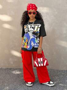 Coolane Tween Girls Spring/Summer Streetwear Y2K Graphic Print Loose T-Shirt, Summer Casual Vintage Sports Tee - Black - View 3