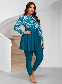 Swim Mulvari Plus Size Women 2 Pieces Long Modest Floral Print Dress With Zipper Front Pullover, Casual Vacation Swimwear, Cover Up Burkinis For Summer