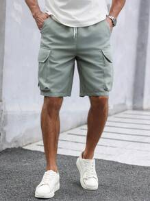 Manfinity Homme Men's Solid Color Drawstring Pocket Casual Cargo Shorts, Summer