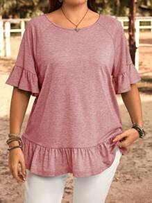 EMERY ROSE Plus Size Round Neck Short Sleeve Solid Color T-Shirt, Casual & Fashionable For Everyday Wear, Summer, Vacation, Boho - Rose Red - View 4