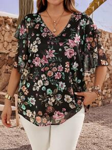 EMERY ROSE Plus Size Women Floral Print Ruffle Sleeve Loose Blouse Vacation Summer Tunic Top,Flower/Spring - Black - View 1