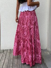 Sunnyshic 女式春夏波西米亚风印花松紧腰长裙，休闲日常穿着 - 中紫紅色 - 查看 2