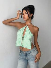 Aloruh Women's YTK Sexy Laced Up Halter Sequins Embroidered Crop Top ,Summer Tops, Crop Tops Women, Tank Top, Tops For Women - Green - View 3