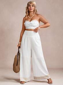 SHEIN VCAY Quần ống rộng dáng rộng phong cách cổ điển dành cho nữ cỡ lớn, họa tiết hoa, thích hợp mặc khi đi chơi, Ngày của Mẹ, đi nghỉ, tiệc tùng, trang phục phương Tây - Màu be - Xem 4